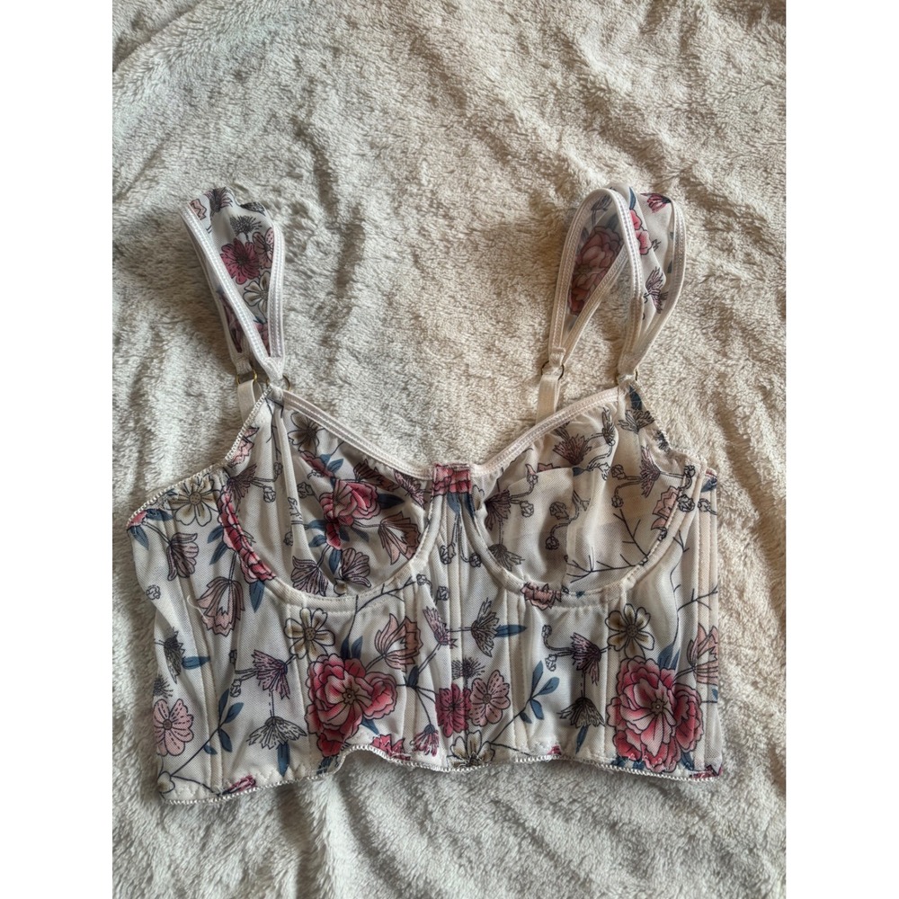 Floral‎ Mesh Corset Top Sheer Bustier Underwire Boning Ruffle S